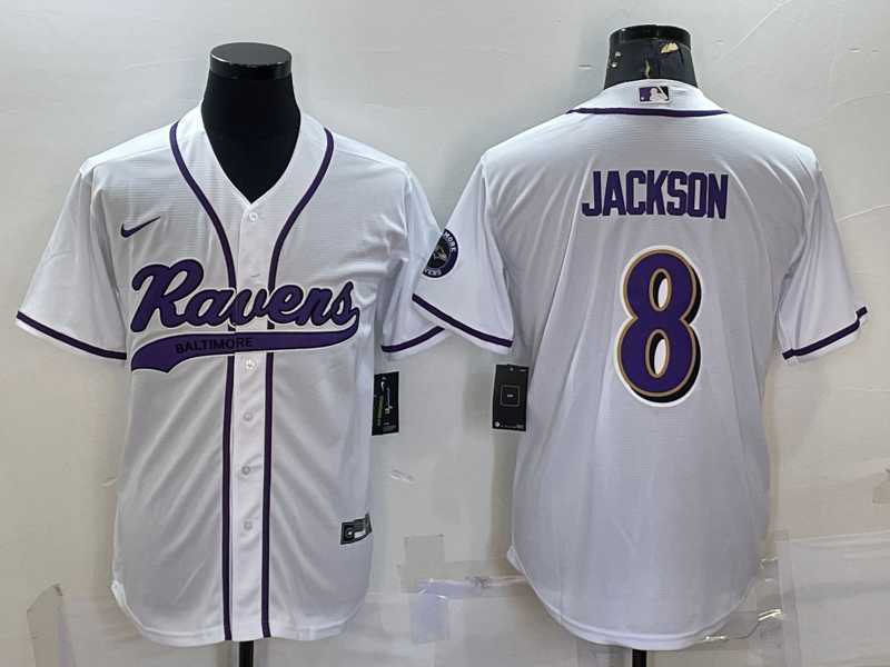 Men%27s Baltimore Ravens #8 Lamar Jackson White With Patch Cool Base Stitched Baseball Jersey
